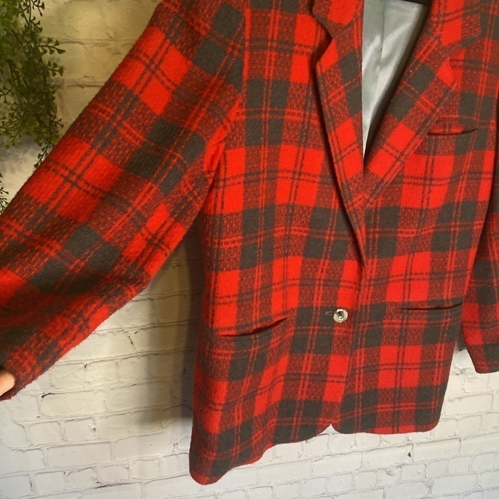 Vintage Reitmans Red Plaid Tartan Wool Blend Button Up Blazer Pockets Size L - Picture 13 of 17